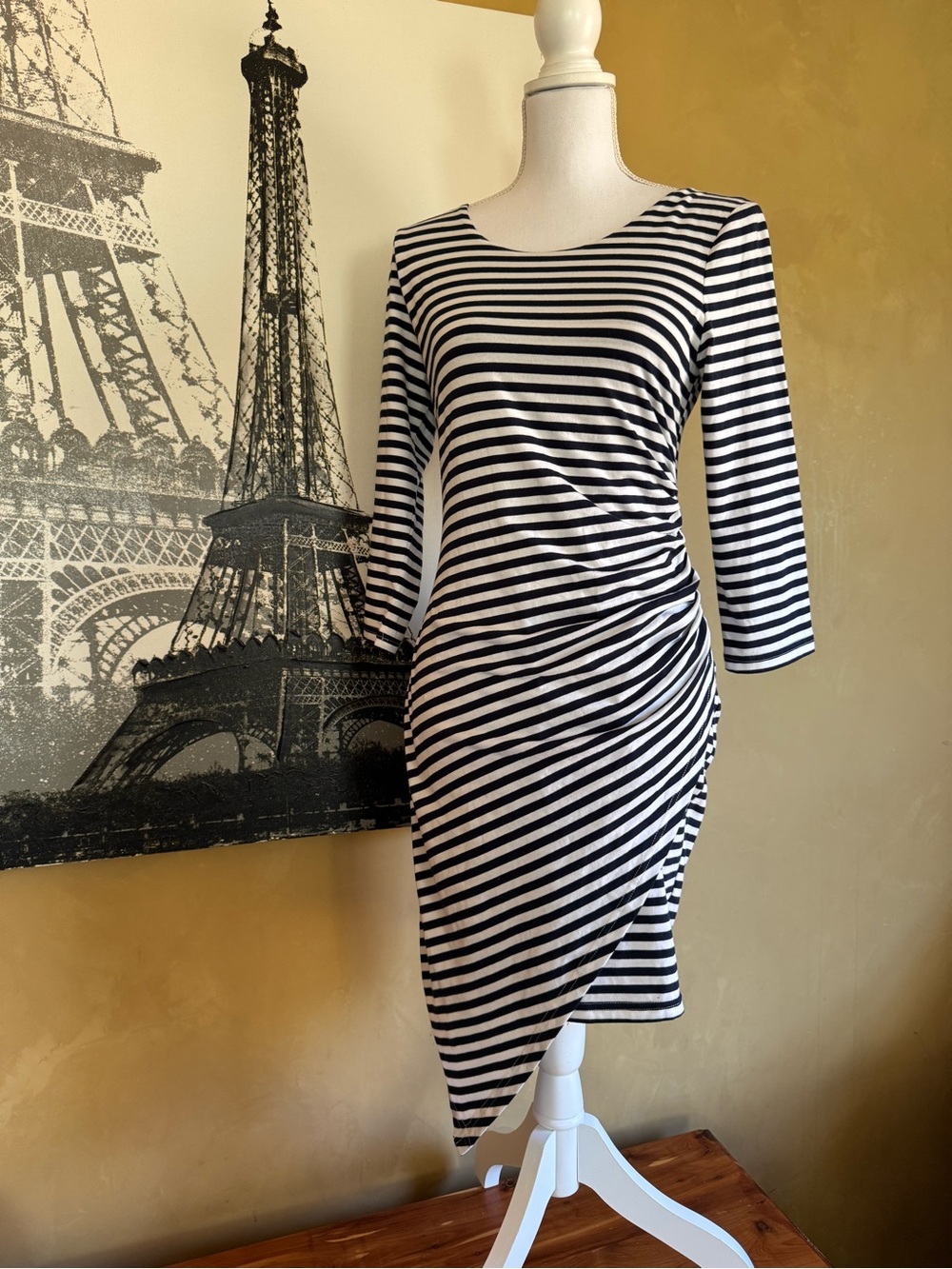 Sugarlips Black and White Asymmetrical Striped Ruched Dress